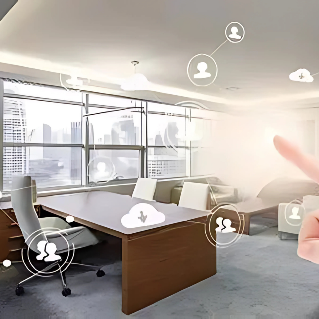 Modern smart office setup with automated lighting, ergonomic furniture, and smart thermostat for energy efficiency."